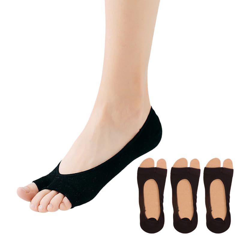 Cutey May 3 Pairs Womens Peep Toe Socks Liner Toeless Yoga Casual Cotton (Black)