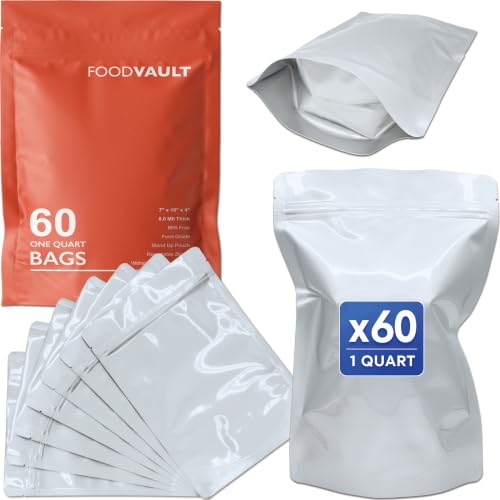 1 Quart Mylar Bags 16 Mil Total Thickness Stand-Up Resealable Mylar Bags for Food Storage Freeze Dryer [60-Pack | 7 x 10 x 4]