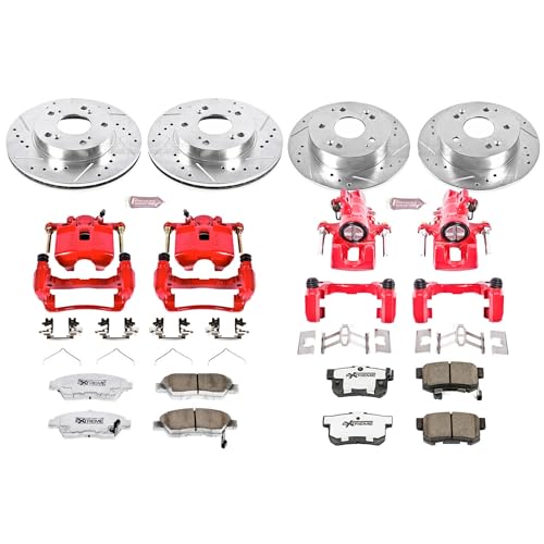 Image of PowerStop Front and Rear Brake & Caliper Kit for Acura RSX 2002-06 | Honda Civic 2004-05 - Drilled & Slotted Disc Rotors + Carbon-Fiber Ceramic Brake Pads + Red-Powder Coated Calipers, KC2387-26