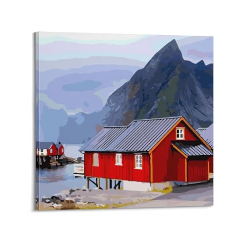 Maisons rouges peinture par numéros poster moderne de paysage sur toile