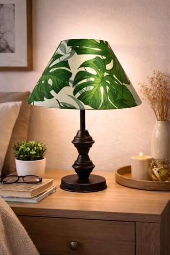 Image of tu casa Modern Table Lamp with Tropical Leaf Satin Shade | Metal Iron Base Decorative lamp for Living Room| Decorative Lighting for Living Room, Study & Home Decor, Designer Table Lamp for Gifting