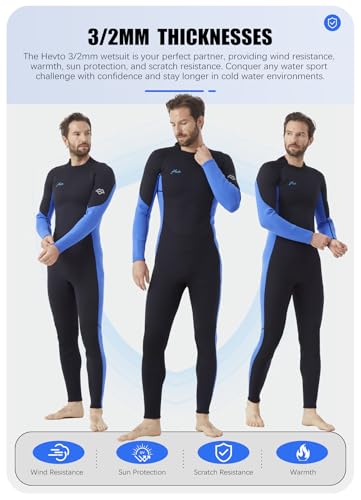Image of Hevto Men Wetsuit 3 /2mm Neoprene Back Zipper for Surfing Diving | 16 Size Options with Regular Short and Tall Fits Wet Suit in Cold Water for Swimming Snorkeling Kayaking and SUP