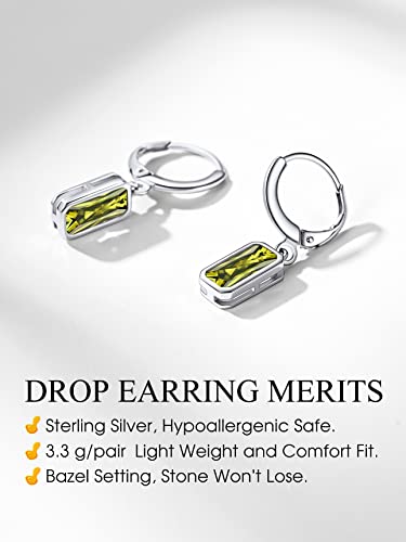 Bestyle Silver August Birthstone Drop Dangle Earrings - Created Peridot Baguette Earrings For Women Girls - Dainty Cute Small Silver Huggie Hoop Dangle Earrings For Birthday Wedding Party Gowns #TOP4