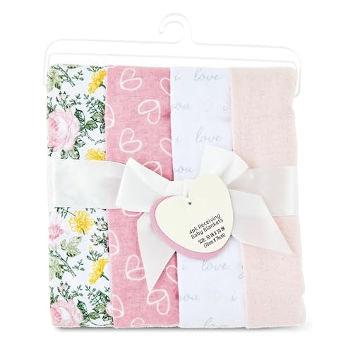 Image of 4 Piece Cotton Flannel Baby Blankets, Pink - Receiving Blankets Girl, Baby Receiving Blankets Girls.