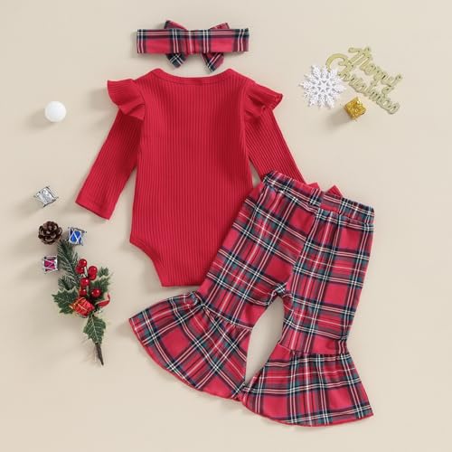 Baby Girl Christmas Ouftis Ribbed Long Sleeve Romper with Plaid Flare Pants and Headband Outfit4