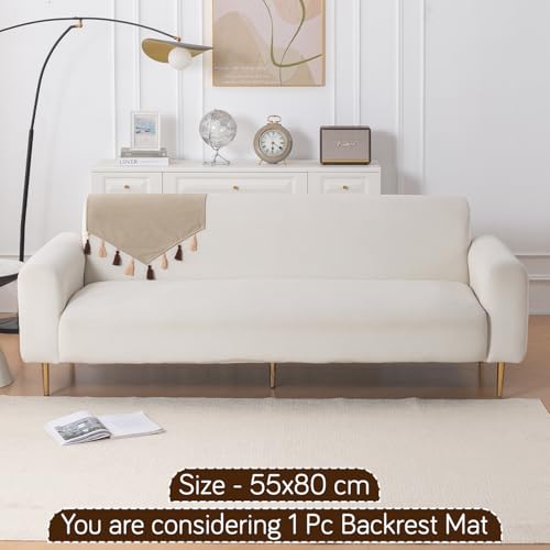 Image of HOKIPO Premium Holland Velvet Sofa Backrest Cover with Tassels - 'TasselTone Series', Sand Beige (IN-1103-BGE)