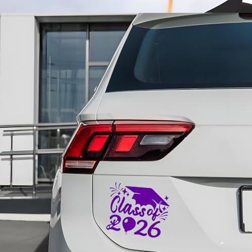 Image of 2xClass of 2026 Car Sticker & Graduation Hat Sticker Removable Graduate Car Decal 8 inchx 7.1 inch Waterproof Vinyl Decals Arts & Crafts for Graduation Party Decorations (Purple)