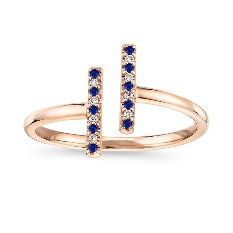 Miniatura 9 de Alternate Blue Sapphire & White Diamond Open T Bar Ring For Women, 14k Yellow Gold Finish Blue Sapphire Open Bar Ring, Stackable Double Bar Ring