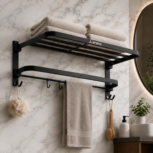 Image of Arena18 inch Folding Towel Rack with Shelf Stainless Steel Towel Holder in Bathroom Wall Mounted Towel Rack Stand in Bathroom Durable & Space Saving Matte Black Finish Bathroom Organizer (Packof 1)
