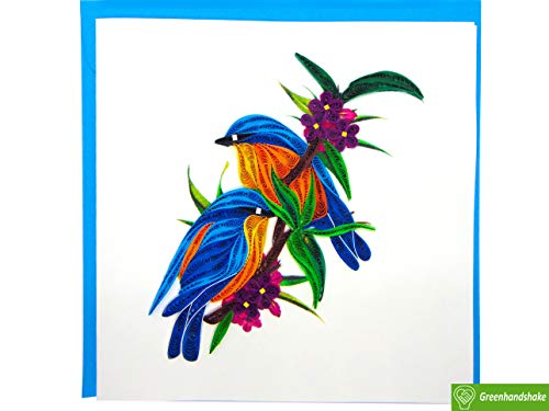 Bluebirds, Quilling Card 3D - Unique Dedicated Handmade, Design Greeting Card For Birthday, Valentine's Day, Mothers Day, Spring, Fathers Day, Graduation, Wedding, Anniversary, Thank You, Get Well, All Occasion | 6" X 6" #TOP6