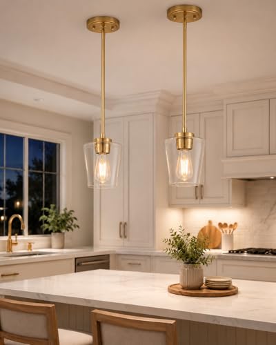 Image of 2-Pack Gold Pendant Lights Kitchen Island, 6 inch Clear Glass Shade | Modern Kitchen Pendant Lighting Over Island for Dining Room, Adjustable Height, E26 Base, Brushed Gold, AD-22004-1P2-GD-C
