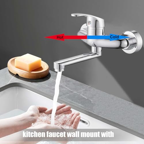 Ruspela Küchenarmatur für Wandmontage - Traditioneller Wasserhahn mit 360° schwenkbarem Auslauf 6.3’’ Einhebelmischer für Kalt- und Heißwasser, Hochwertige Mischbatterie für Küchenspüle