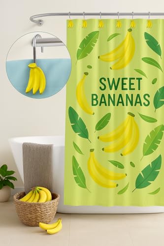 Image of Banana Shower Hooks 12 Pack - Playful Monkey Bathroom Decor, Non-Slip Curtain Rings for Tropical Kids Room Theme, Durable Resin Bath Accessories