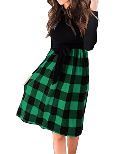 PALINDA Women s Plaid Long Sleeve Empire Waist Pleated Loose Swing Casual Flare Midi Dress with Belt Christmas Green(S,Green,5616)
