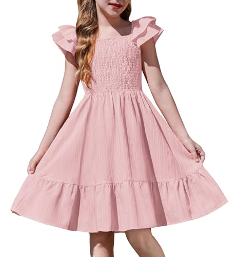Arshiner Girls Dresses Double Pleated Sleeve Square Neck Off Shoulder with Pockets Tween Sundress Size 5-16