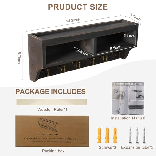 Image of Key Holder Wall Mount - Mail Organizer Wall Mount with 6 Key Hooks and Storage Box for Sunglasses Storage and Dog Leash Holder Home Decor Rack Apartment Farmhouse Shelf Entryway Organizer (Black)