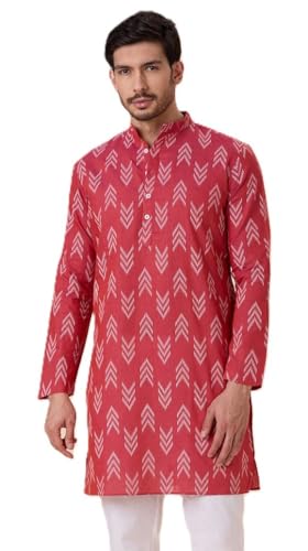 Image of Studio Shringaar Men's Cotton Blend Relaxed Fit Ikat Printed Knee Length Kurta