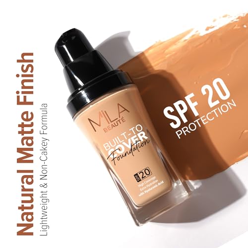 Image of Mila Beaute Built to Cover Liquid Foundation I Medium to Buildable Coverage I Matte Finish I Lightweight I SPF 20 I Super Hydrating with Hyaluronic Acid (D-1-Caramel, 30ml)