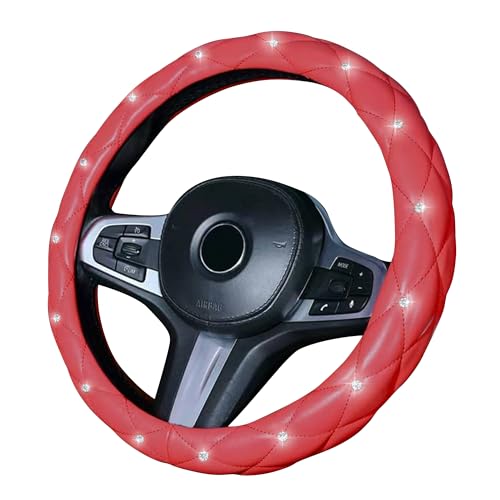 Flaconi Housse Volant Voiture,Protection Volant Voiture,Accessoires Auto,Anti-Dérapant Couvre Volant Bling Diamant,Adapte aux Volants de Voiture de Taille Moyenne avec(Rouge)