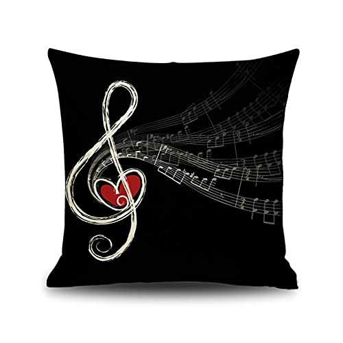 Lieson Housse de Coussin Decoratif 40x40, Coussin Decoration Chambre Noir Rouge Coussin Moderne Notes de Musique Coeur, Lin
