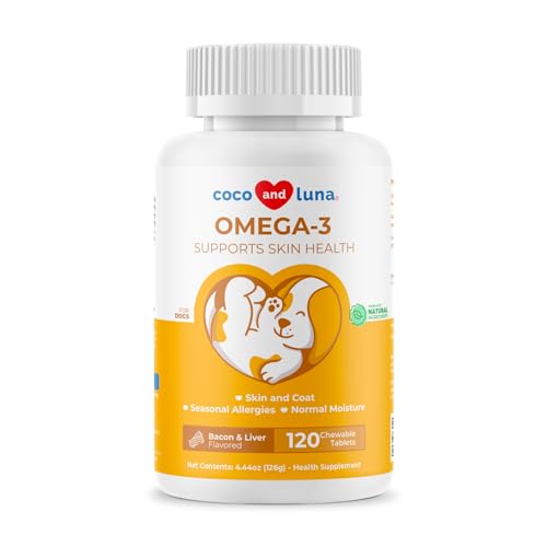 Omega 3 for Dogs – Fish Oil for Dogs Skin and Coat – 120 Chewable Tablets – Omega 3 6 9, EPA & DHA Fatty Acids for Dog Shedding, Dry Skin & Heart Support