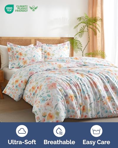 Image of Duvet Cover Full Size Set - Extra Soft Floral Duvet Cover 80 x 90 with 2 Pillow Shams - Comfy, Breathable Floral Bedding Set - Hotel Luxury Easy-Care & Fade Free w / Zipper Closures & Ties - Blush Rose