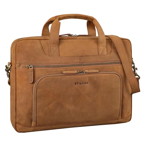 STILORD 'Cyrus' Bolso Ordenador Portatil 17 Pulgadas Hombre Piel Vintage Bolsa de Negocios Hombro Cuero Genuino para Portátil 17,3 Pulgadas Trabajo Viaje, Color:tan marrón   oscuro