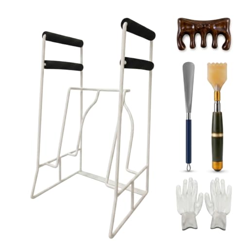 TWIIXT 5-in-1 stocking donner kit with curved metal frame, shoe horn, back scratcher and scalp massager — the caregiver-oriented package
