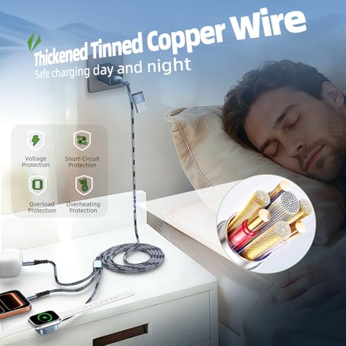 Image of Multi Charging Cable for iPhone iWatch Charger, 3 in 2 USB A /C Phone Charger Cord with Dual Type-C /IP, 5FT iWatch Cable Nylon Travel Essentials Compatible with iWatch /iPhone 17-1 /Android