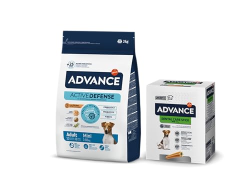 Advance Mini Adult Chicken, Pienso para Perros Adultos de Razas Pequeñas con Pollo, 3kg + Advance Dental Stick Mini Dogs Pack 28 días
