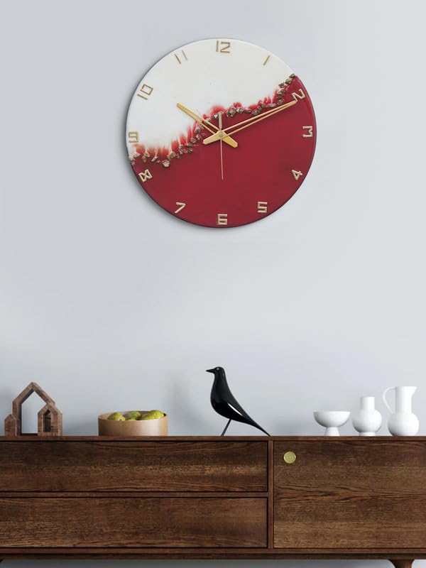 Image of CHRONIKLE Elegant Epoxy Resin Round Handcraft Red and White Stone Art Analog English Numbers Wall Clock for Living Area Room Home Office Decoration Gifts (Size: 30x6x30 CM | Weight: 765 Gram)