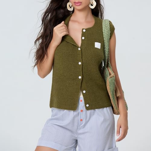 Image of Women Chunky Button Sweater Vest Sleeveless Round Neck Rib Knitted Tank Top Y2k Knitted Cardigan Vest Shirt