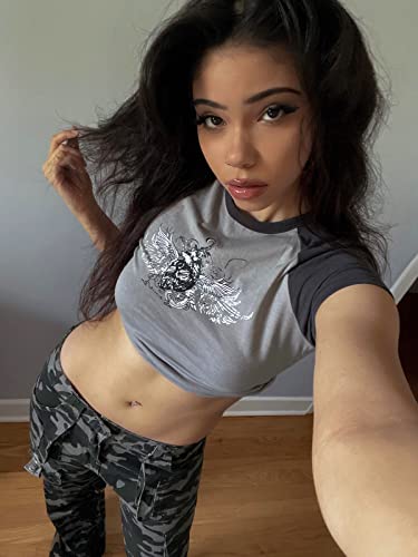 Xineicy Y2K Crop Tops for Woman Short Sleeve Crew Neck Graphic Baby Tees Grunge Wing Print T-Shirt3