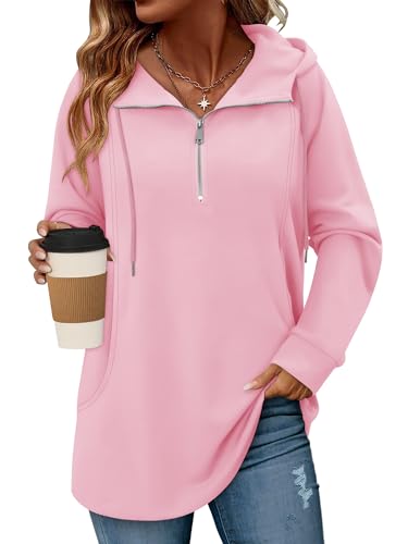 onlypuff Women Hoodie Pullover Trendy Quarter Zipper Lapel Sweatshirts Drawstring Cute Hooded Tunic Tops with Side Pockets