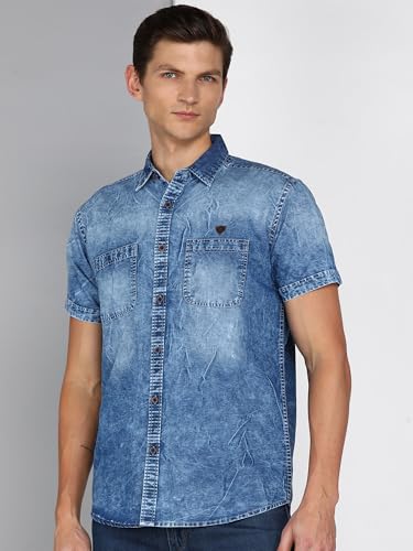 Image of Kuons Avenue Men's Stonewash Denim Shirt | Half Sleeve | Regular Fit | | Double Pocket Solid Denim Shirt