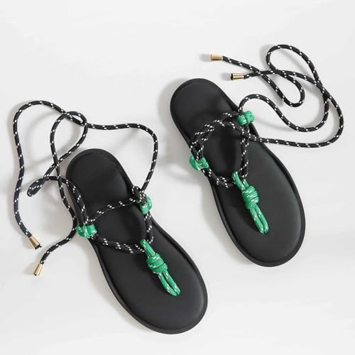 Image of ZJGZF Rope Flip Flop Sandals for Women Thong Sandals Adjustable T Straps Comfortable Soft Flat Sandals
