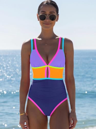 Image of popvil Women One Piece Swimsuit 2026 Tummy Control Sexy Cutout Neon Color Block Bathing Suit Slimming Adjustable Swimwear