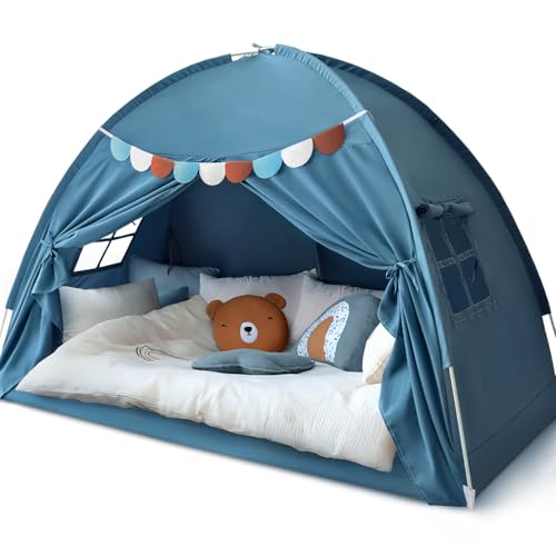 Razee Twin Bed Tent for Kids, Twin Size Bed Canopy Indoor Bed Canopy Privacy Tent on Bed Sleep Inside Drafty Room for Boys, Blue Jean Color