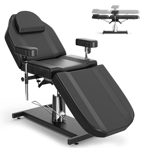 DeerDean Hydraulic Tattoo Chair for Client Adjustable Facial Chairs for Esthetician Bed Professional Spa Chair for Beauty Salon Massage Equipment (Black Hydraulic New Armrest)