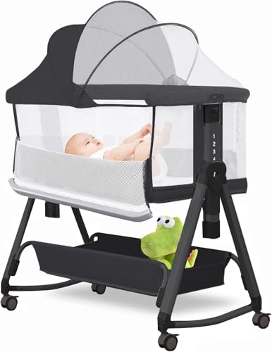 Image of Baby Bassinet Bedside Sleeper for Baby,3 in 1 Bedside Cribs with Storage Basket and Wheels for Newborn, Easy Folding Bassinet for Baby and Safe Co-Sleeper,Adjustable Portable Bassinet(Black)