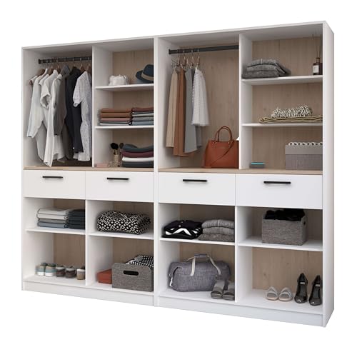 Miroytengo Vestidor Abierto Modular Flexa Dormitorio en Color Roble Jakson y Blanco Mate con 4 Cajones, 8 Estantes, 2 Barras Sin Cortinas 240x200 cm