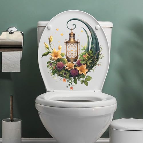 Street Lamp Moon Butterfly Toilet Cover Sticker Decals,Spring Butterfly Leaf Waterproof Toilet Lid Tank Seat Decals Cistern Self-Adhesive Bathroom Wall Sticker