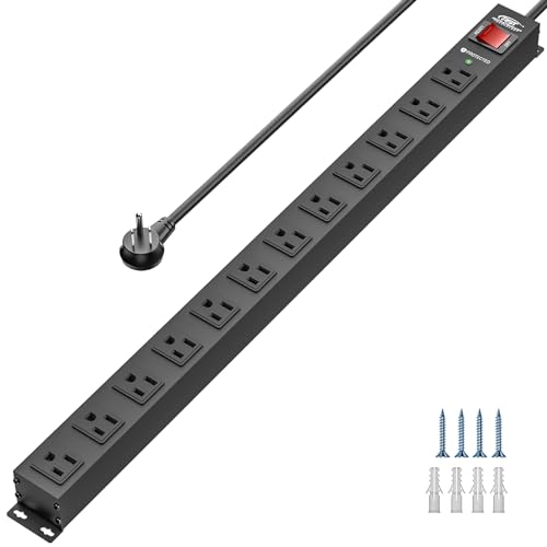 CRST 12 Outlet Metal Long Power Strip, Heavy Duty Surge Protector Mountable Power Strip,2100J,Wide Spaced, 6Ft Cord (15A/1875W)
