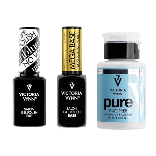 Victoria Vynn Gel Polish Set Top Unblue No Wipe 15 ml, Mega Base Clear 8 ml y botella vacía Pure Duo Prep 150 ml – Kit de manicura profesional