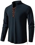 PARKLEES Herren Baumwolle Retro Lace Up Langarm Shirts für Renaissance Pirat Wikinger Mittelalter, Leder, Marineblau, L