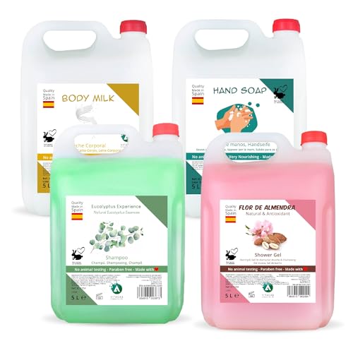 Vitacab – Pack 4 Garrafas 5L: Jabón de Manos Sin Perfume, Gel de Ducha Flor de Almendra, Champú Eucalipto y Body Milk Almendras & Aloe • Cuidado Corporal Completo • Uso Profesional y Recarga Fácil