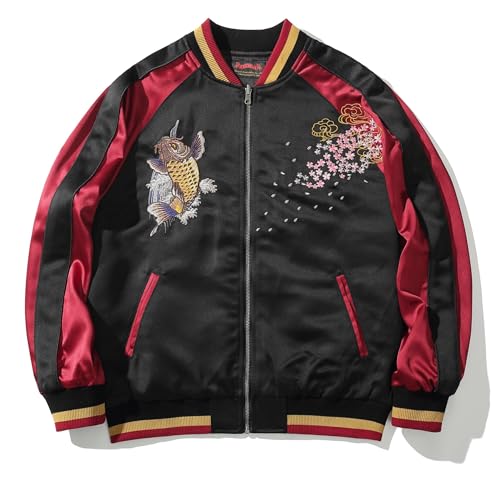 Satin Embroidery Bomber Jacket Oversized Spring Autumn Streetwear Coat Japanese Style Zip Up Windbreaker for Men2