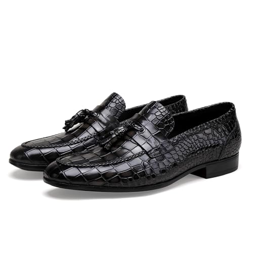 Men's Leather Tassel Loafers, Fashion Crocodile Printed Slip On Dress Shoes Casual Party Shoes Business Weddings Loafers for Mens