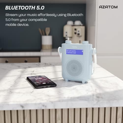 DAB DAB+ FM Radio Bathroom Shower, IPX5 Water Resistant Waterproof, Portable IPX5, Digital FM Radio & Wireless Bluetooth, Built-in Rechargeable Battery, 40 Presets, LED Display (AZATOM Pearl Blue)