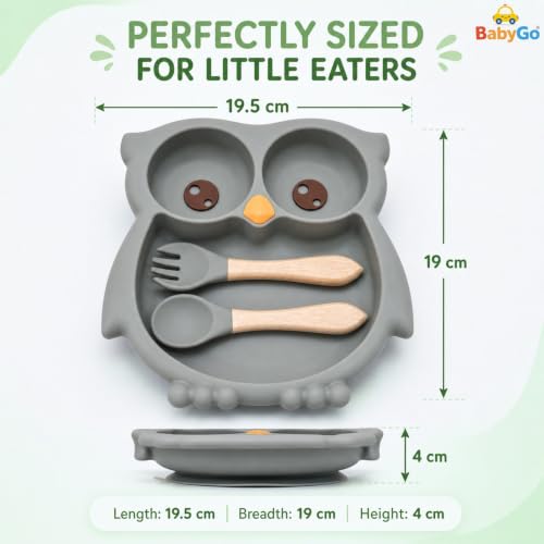 Image of BabyGo Silicone Suction Plate for Babies & Toddlers | 3-Section Owl-Shaped Feeding Set | Strong Suction Cups | BPA-Free, Microwave Safe | Self-Feeding| 1 Plate & 2 Spoons | Grey